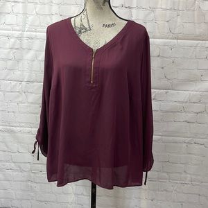 Worthington 3/4 zip, tie up sleeves 1X burgundy blouse